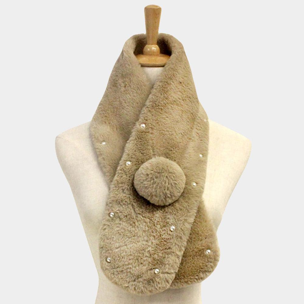 Tan Pearl Embellished Faux Fur Pom Pom Pull Through Scarf