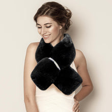 Load image into Gallery viewer, Black Faux Fur Bling Pull Through Scarf
