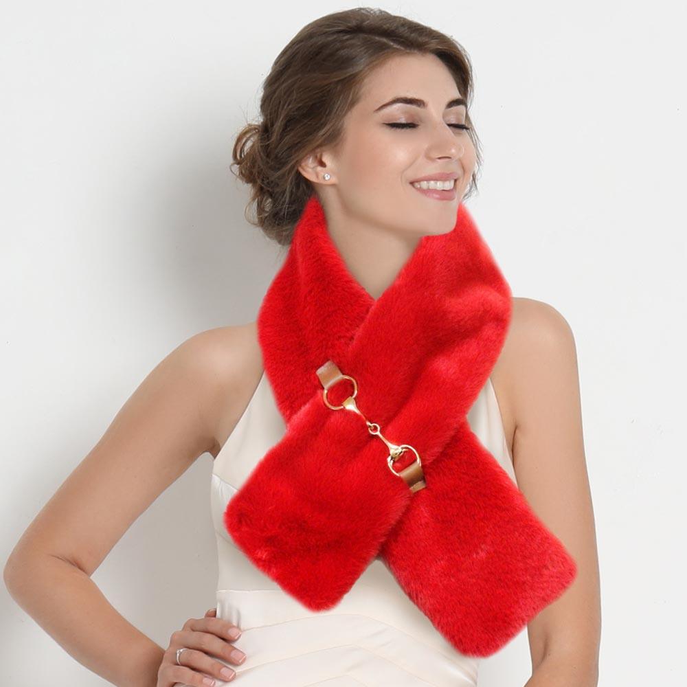 Red Faux Fur Leather Pull Through Scarf