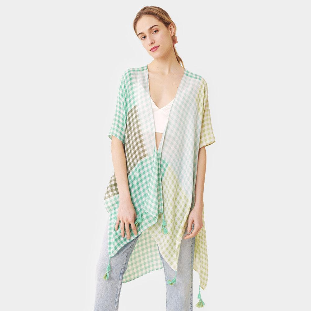 Green Gingham Check Cover Up Kimono Poncho