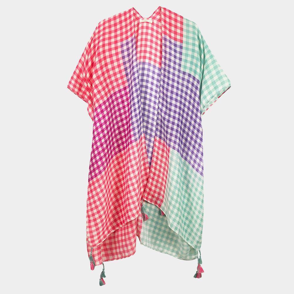 Purple Gingham Check Cover Up Kimono Poncho - Jewelry Store by Erik Rayo