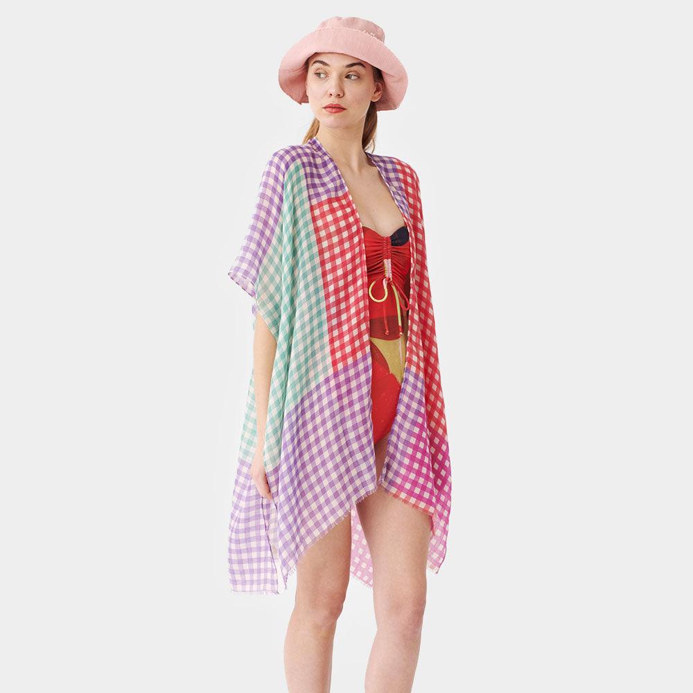 Purple Gingham Check Cover Up Kimono Poncho