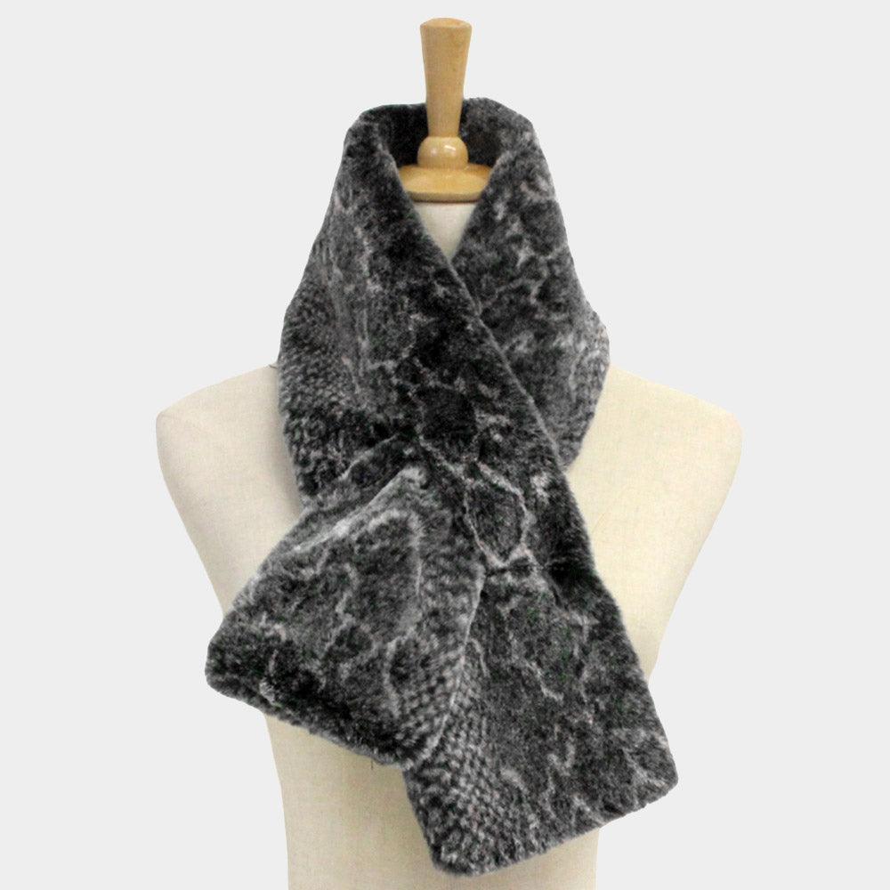 Black Snake Skin Patterned Faux Fur Pull Through Scarf