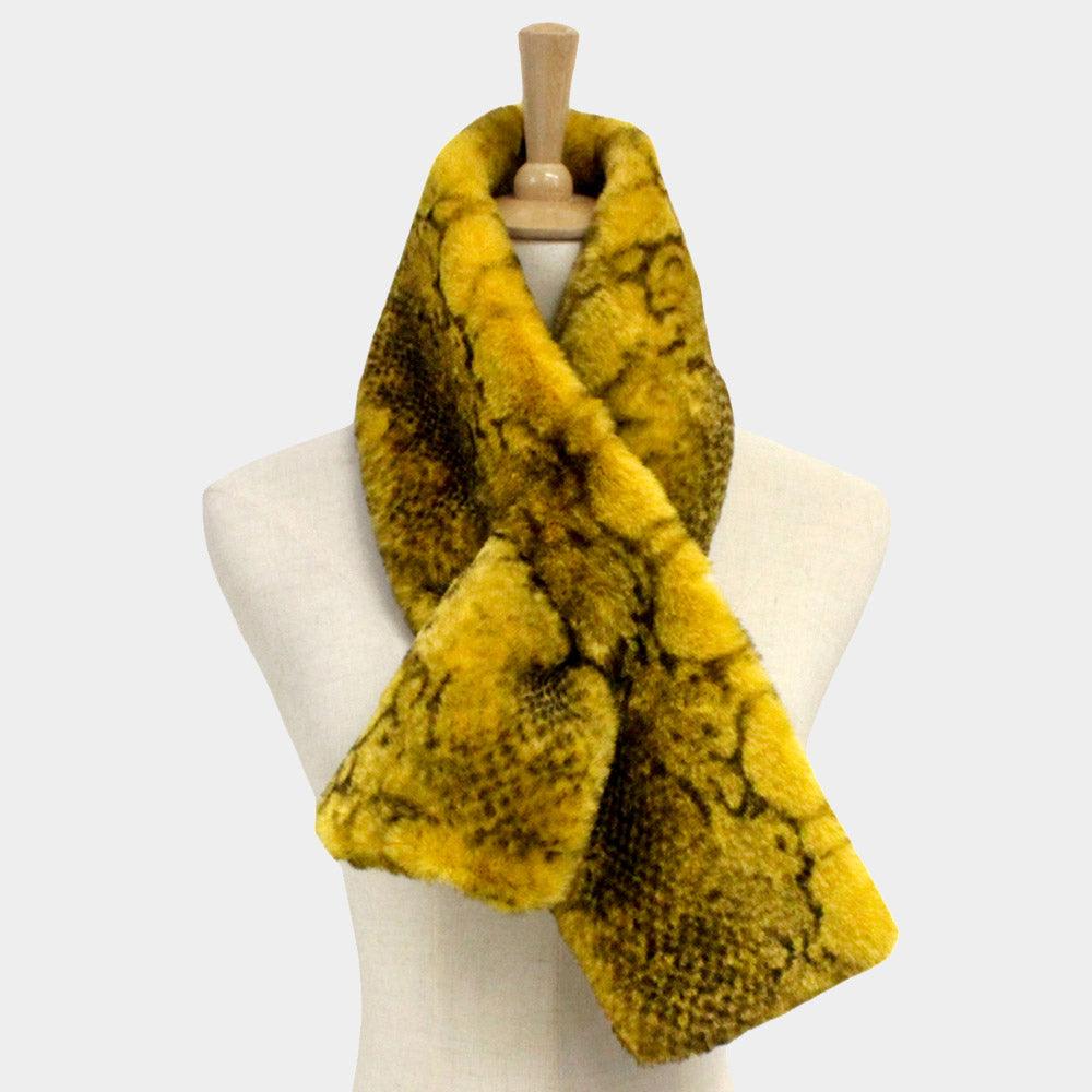 Mustard Snake Skin Patterned Faux Fur Pull Through Scarf