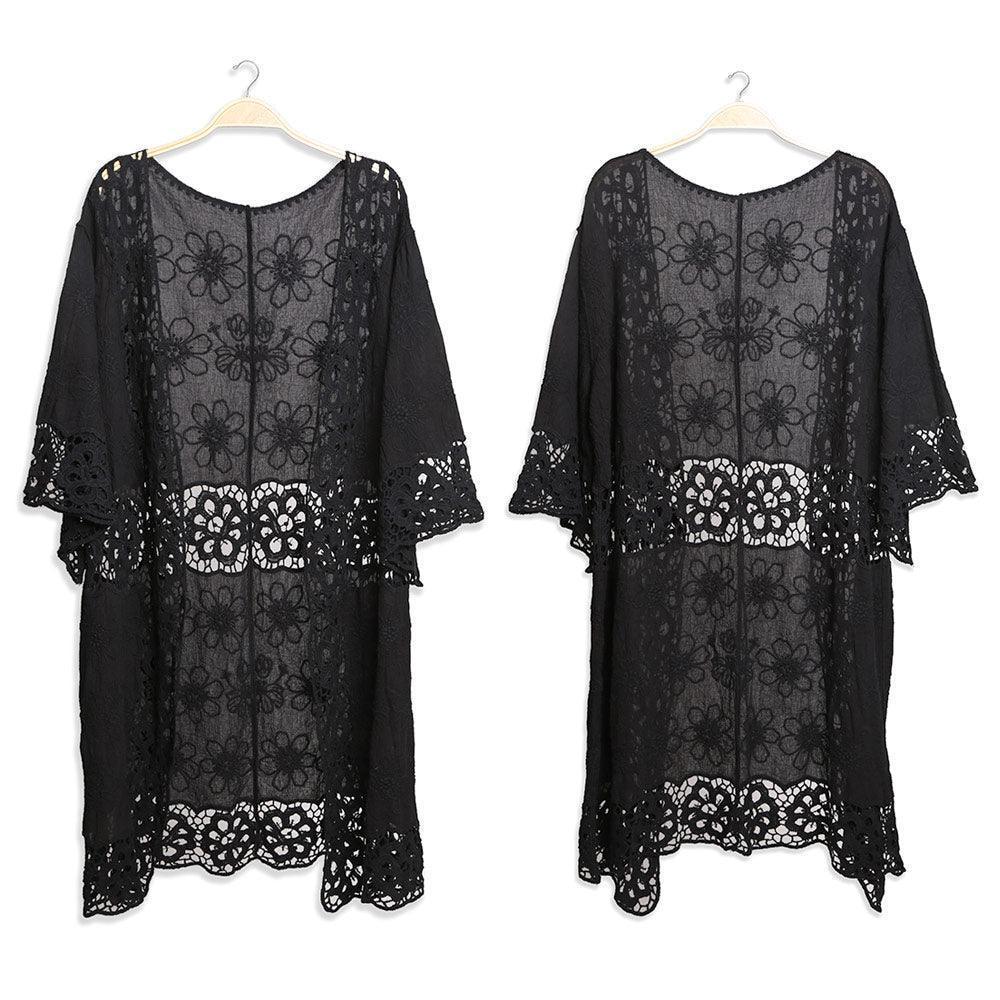 Black Floral Lace Trimmed Cover Up Kimono Poncho - Jewelry Store by Erik Rayo