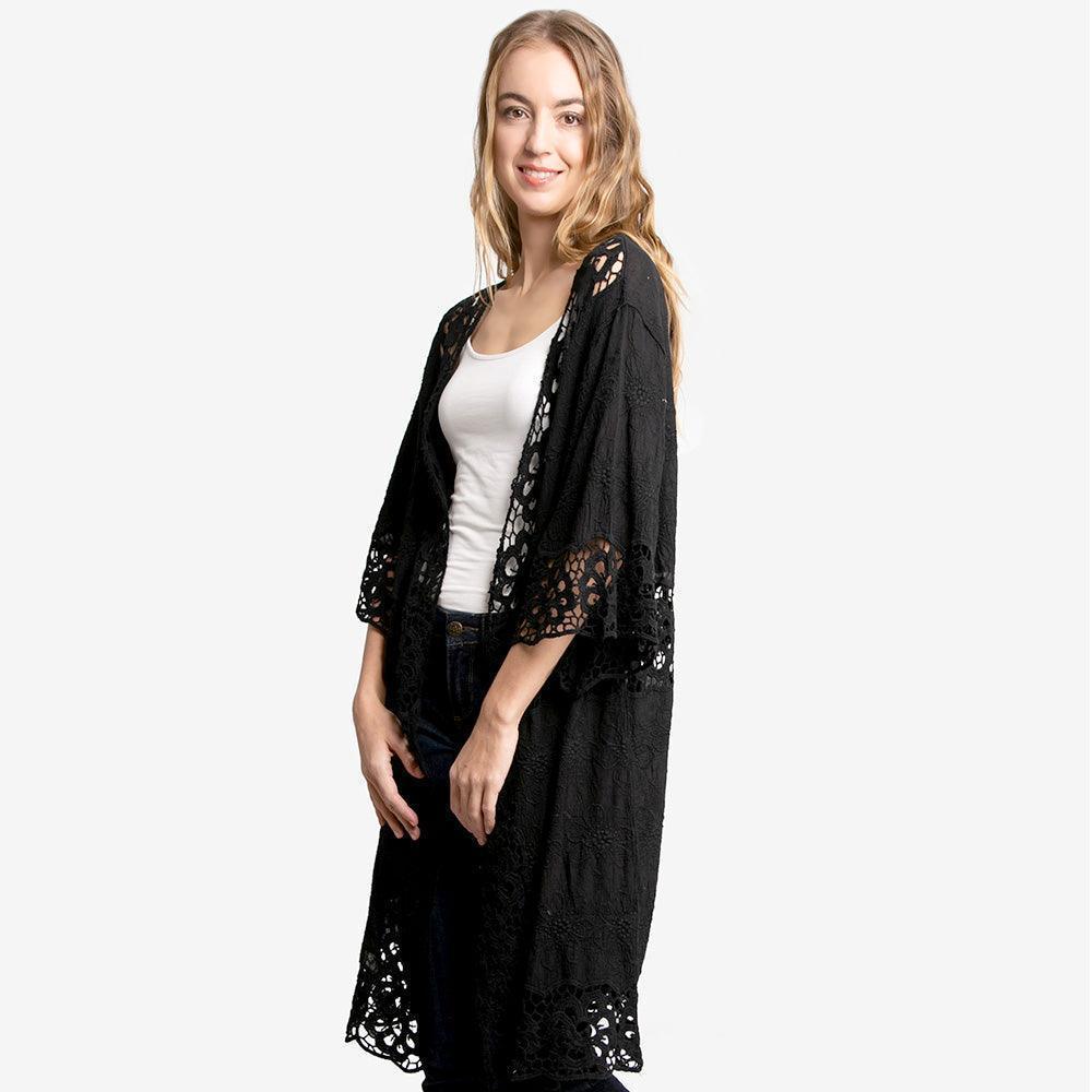 Black Floral Lace Trimmed Cover Up Kimono Poncho - Jewelry Store by Erik Rayo