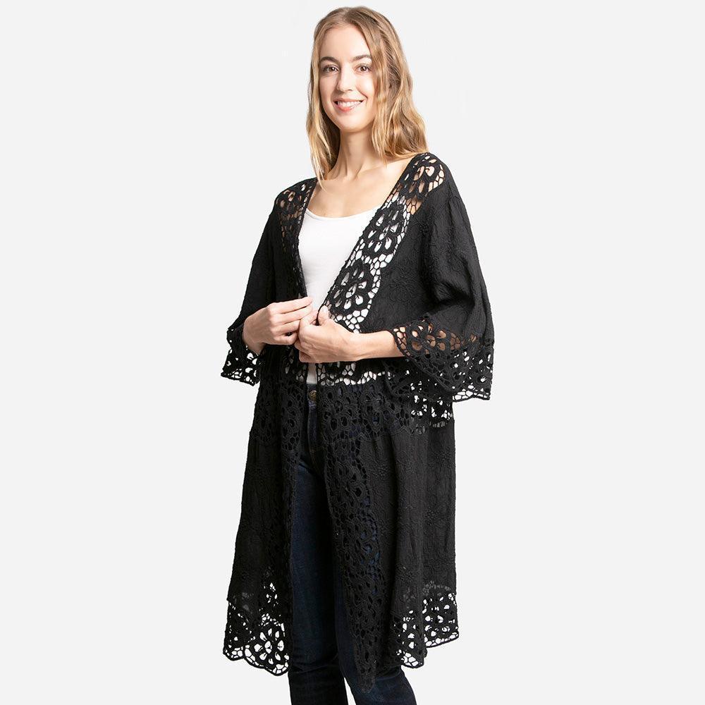 Black Floral Lace Trimmed Cover Up Kimono Poncho - Jewelry Store by Erik Rayo