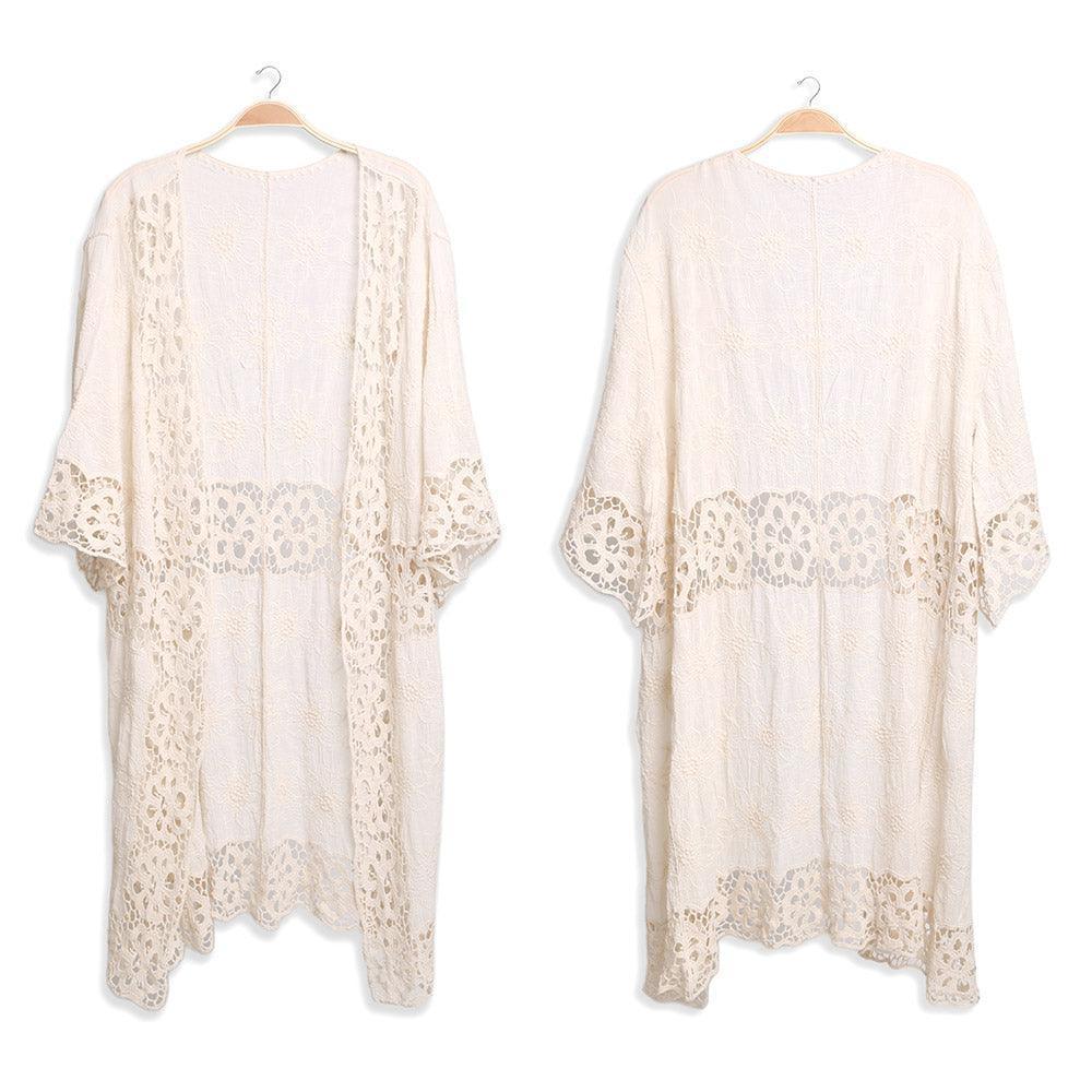 Ivory Floral Lace Trimmed Cover Up Kimono Poncho - Jewelry Store by Erik Rayo