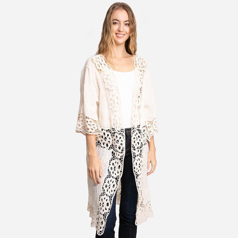Ivory Floral Lace Trimmed Cover Up Kimono Poncho - Jewelry Store by Erik Rayo