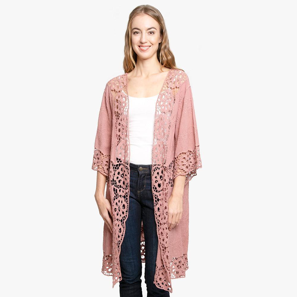 Pink Floral Lace Trimmed Cover Up Kimono Poncho - Jewelry Store by Erik Rayo