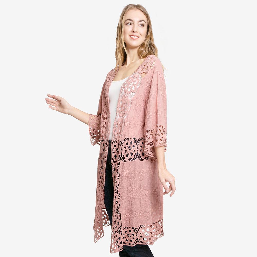 Pink Floral Lace Trimmed Cover Up Kimono Poncho - Jewelry Store by Erik Rayo