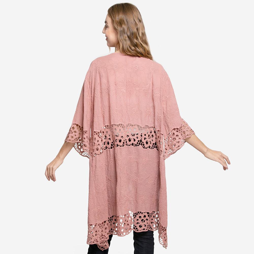 Pink Floral Lace Trimmed Cover Up Kimono Poncho - Jewelry Store by Erik Rayo