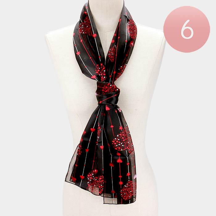 Black 6PCS - Silk Feel Satin Heart Bouquet Pattern Printed Scarf