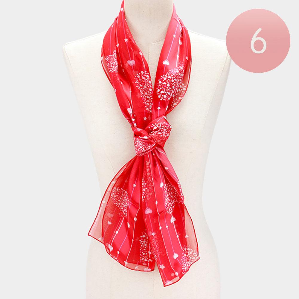 Red 6PCS - Silk Feel Satin Heart Bouquet Pattern Printed Scarf