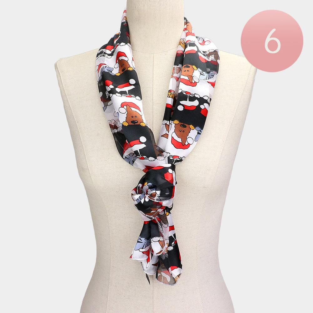 Black 6PCS - Silk Feel Satin Striped Christmas Cute Animal Pattern Print scarf