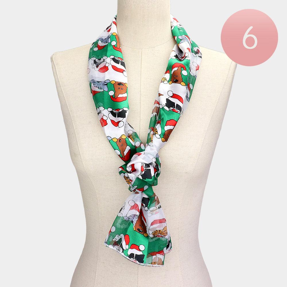 Green 6PCS - Silk Feel Satin Striped Christmas Cute Animal Pattern Print scarf