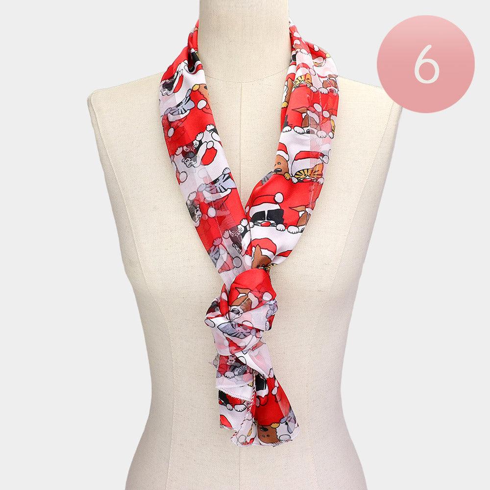 Red 6PCS - Silk Feel Satin Striped Christmas Cute Animal Pattern Print scarf