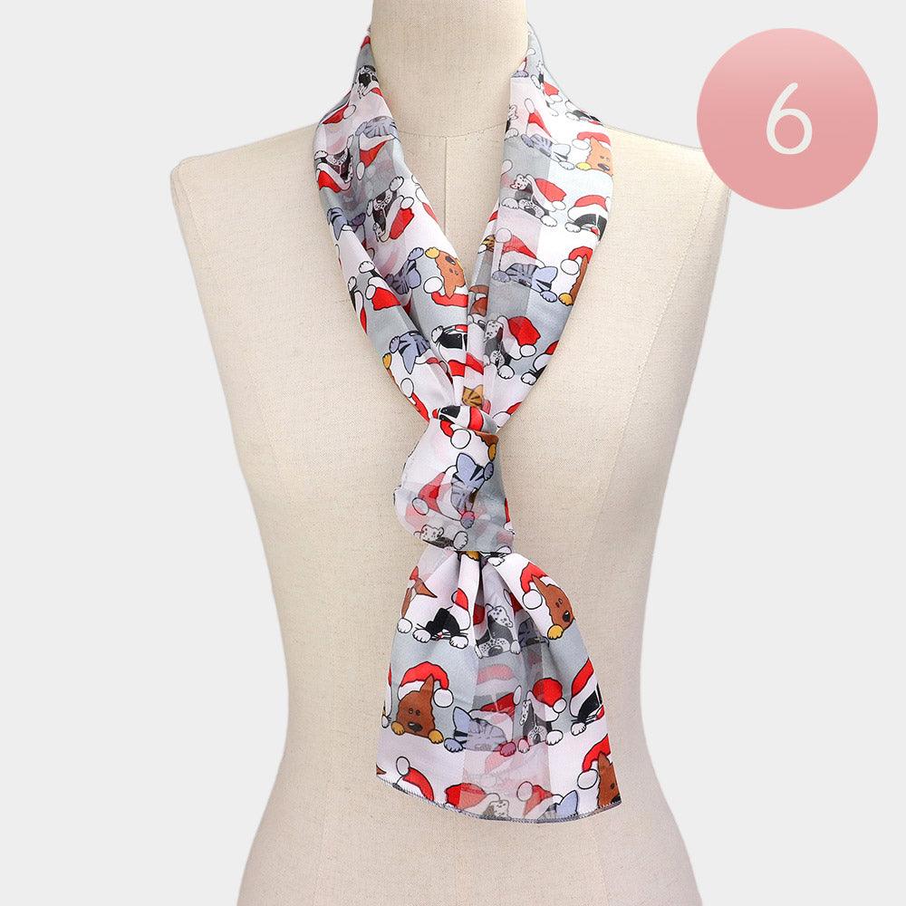 Silver 6PCS - Silk Feel Satin Striped Christmas Cute Animal Pattern Print scarf