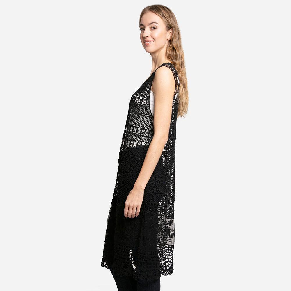 Black Floral Patterned Crochet Long Cover Up Vest - Jewelry Store by Erik Rayo