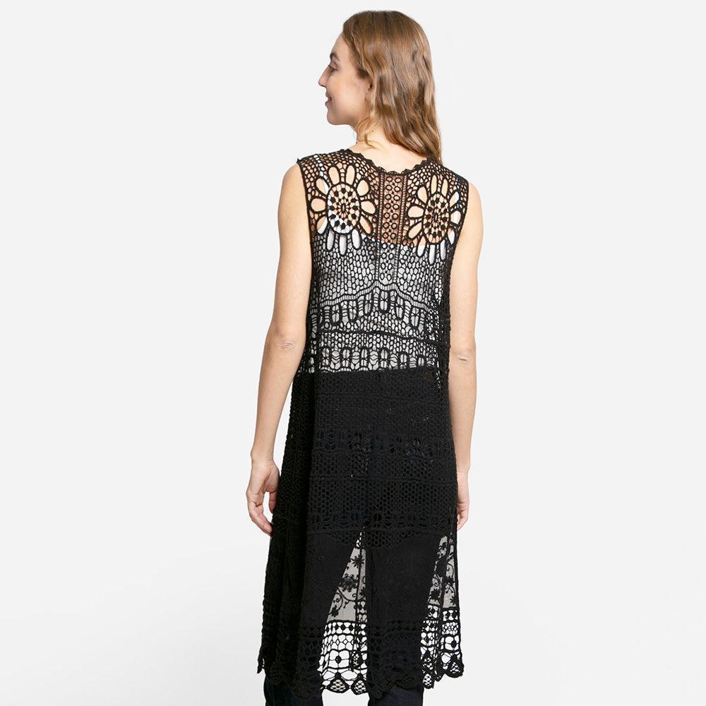 Black Floral Patterned Crochet Long Cover Up Vest - Jewelry Store by Erik Rayo