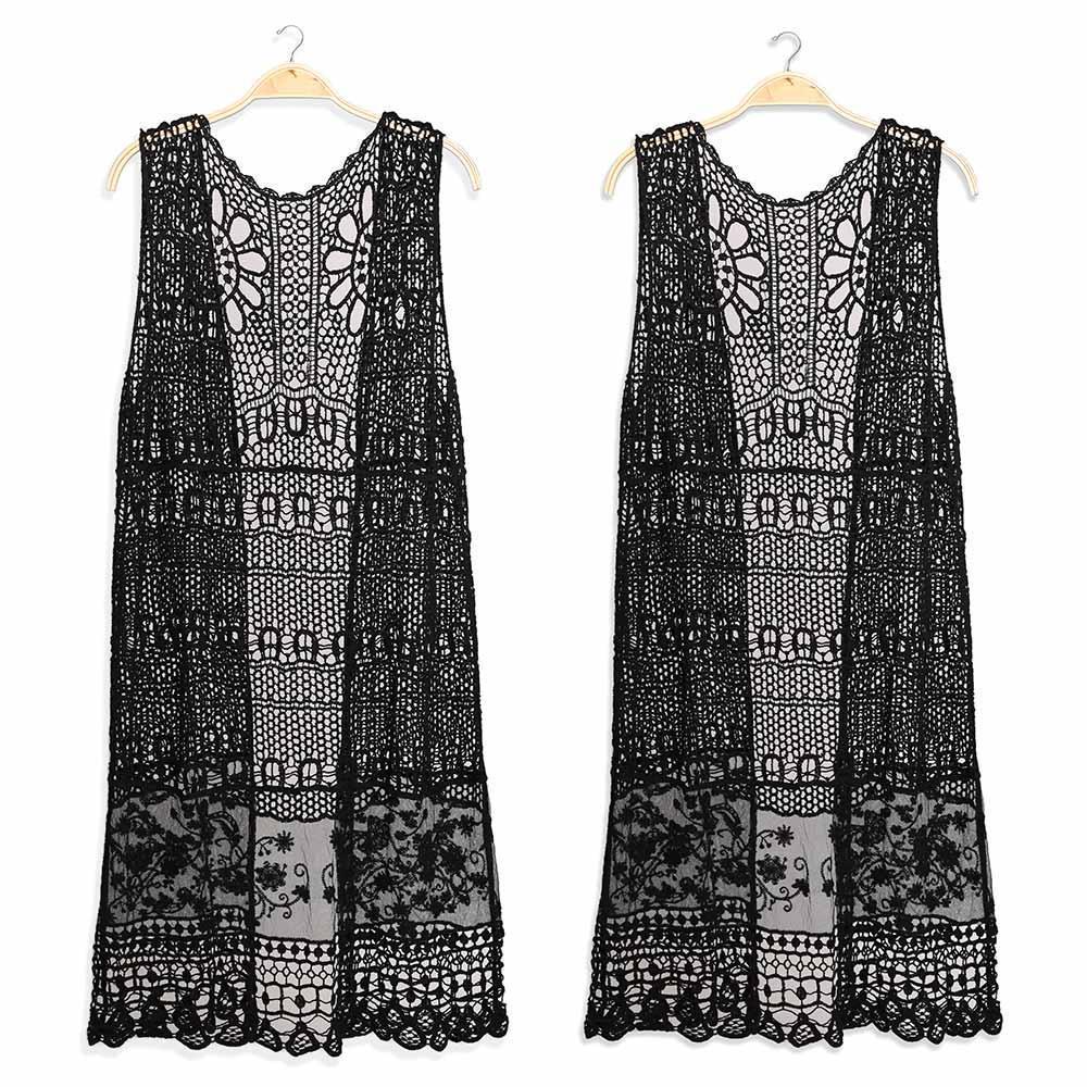 Black Floral Patterned Crochet Long Cover Up Vest - Jewelry Store by Erik Rayo