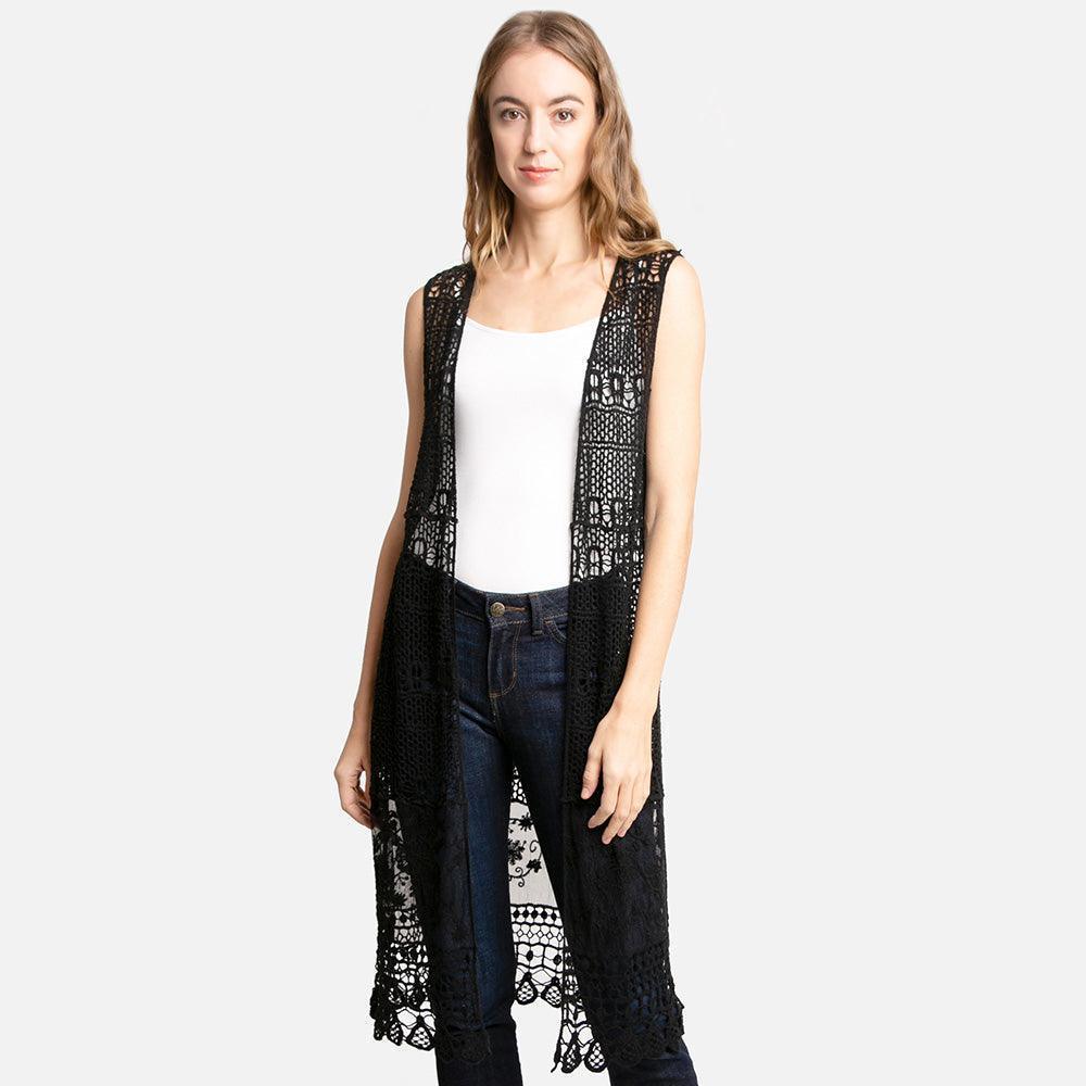 Black Floral Patterned Crochet Long Cover Up Vest - Jewelry Store by Erik Rayo