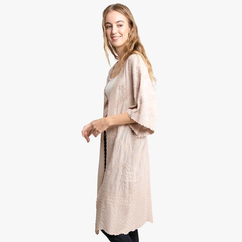 Beige Floral Patterned Lace Cover Up Kimono Poncho - Jewelry Store by Erik Rayo