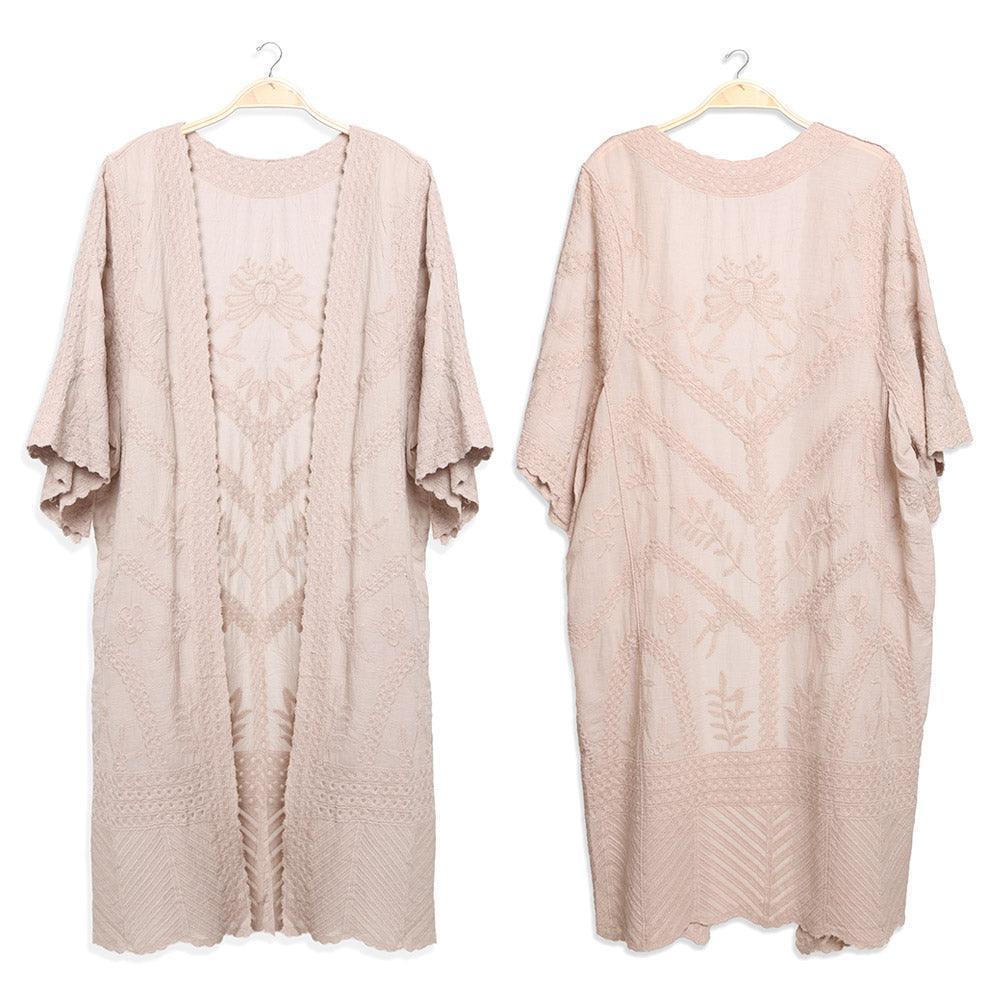 Beige Floral Patterned Lace Cover Up Kimono Poncho - Jewelry Store by Erik Rayo