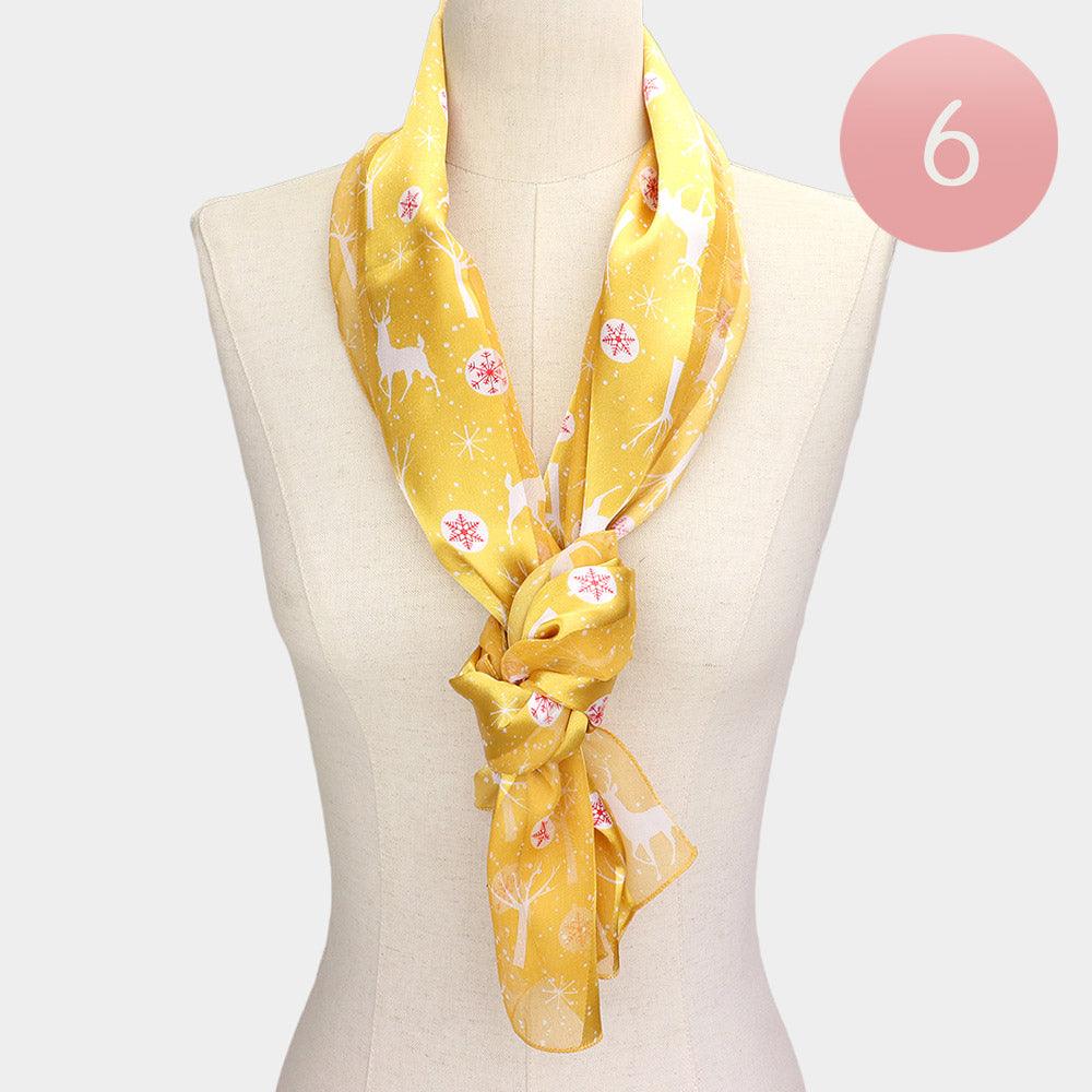 Gold 6PCS - Silk Feel Striped Reindeer Snowflake Print Satin Scarf