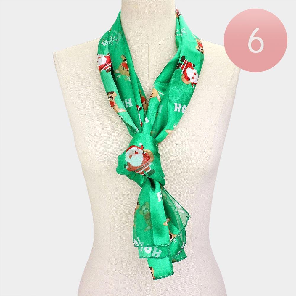 Green 6PCS - Silk Feel Christmas Santa Claus Pattern Print Scarf - Jewelry Store by Erik Rayo
