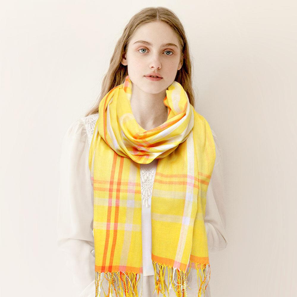 Yellow Plaid Check Patterned Oblong Scarf