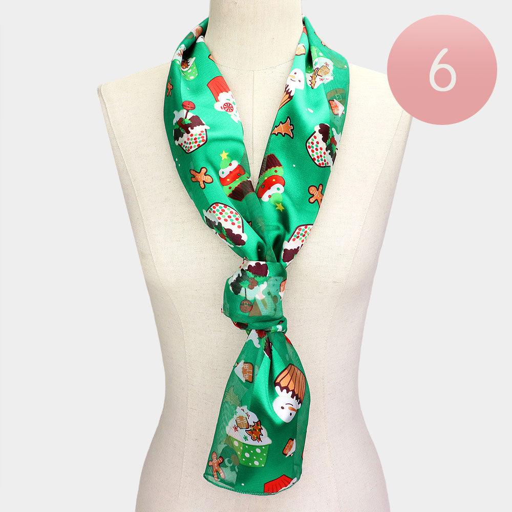 Green 6PCS - Silk Feel Cute Christmas Pattern Print Scarf