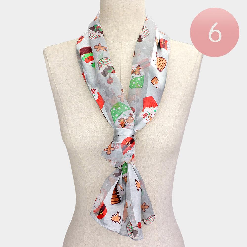 Silver 6PCS - Silk Feel Cute Christmas Pattern Print Scarf