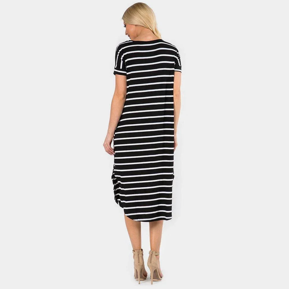 Black Striped Curved Hem Midi Pockets Dress - Jewelry Store by Erik Rayo