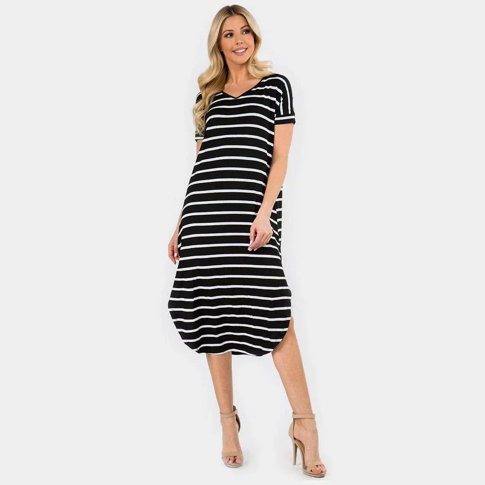 Black Striped Curved Hem Midi Pockets Dress - Jewelry Store by Erik Rayo