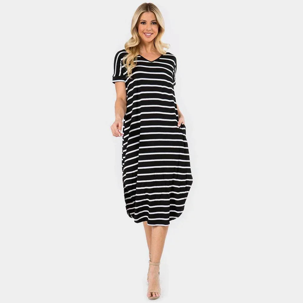 Black Striped Curved Hem Midi Pockets Dress - Jewelry Store by Erik Rayo