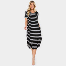 Load image into Gallery viewer, Black Striped Curved Hem Midi Pockets Dress
