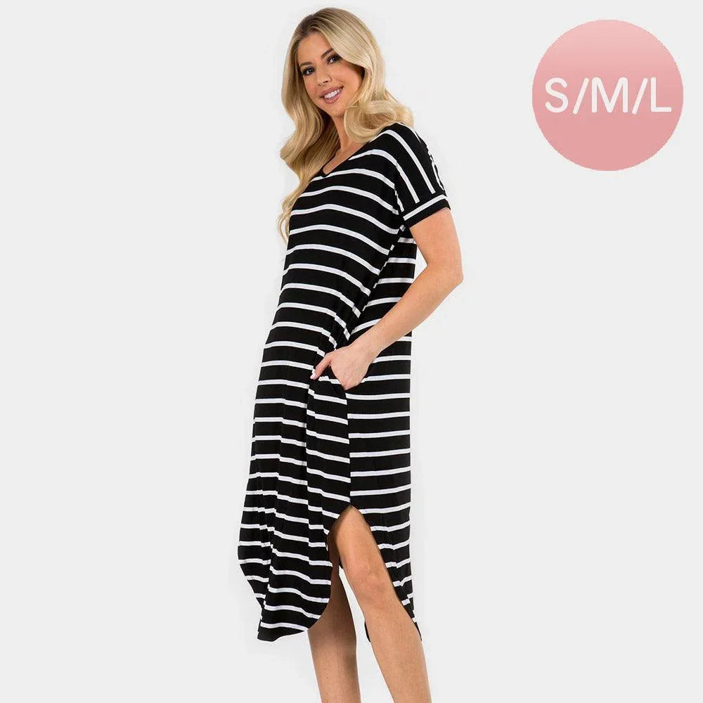 Black Striped Curved Hem Midi Pockets Dress - Jewelry Store by Erik Rayo
