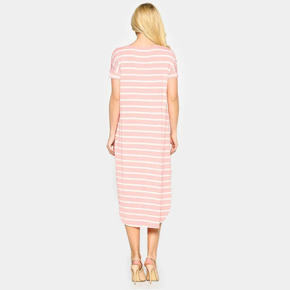 Pink Striped Curved Hem Midi Pockets Dress - Jewelry Store by Erik Rayo