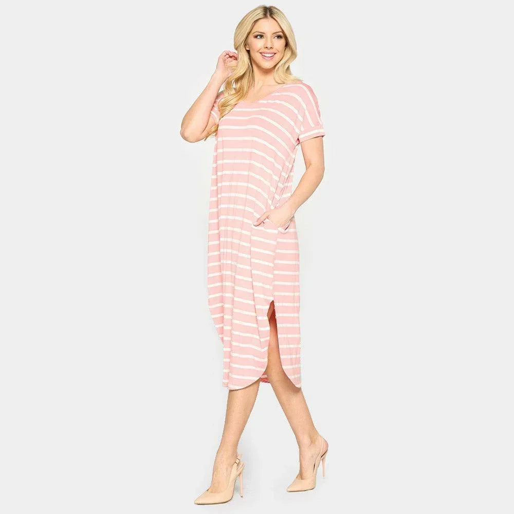 Pink Striped Curved Hem Midi Pockets Dress - Jewelry Store by Erik Rayo