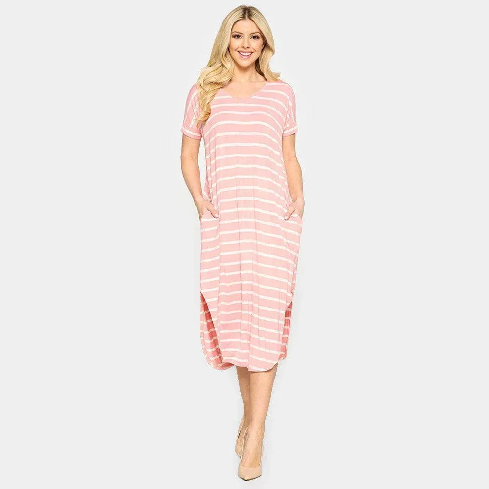 Pink Striped Curved Hem Midi Pockets Dress - Jewelry Store by Erik Rayo