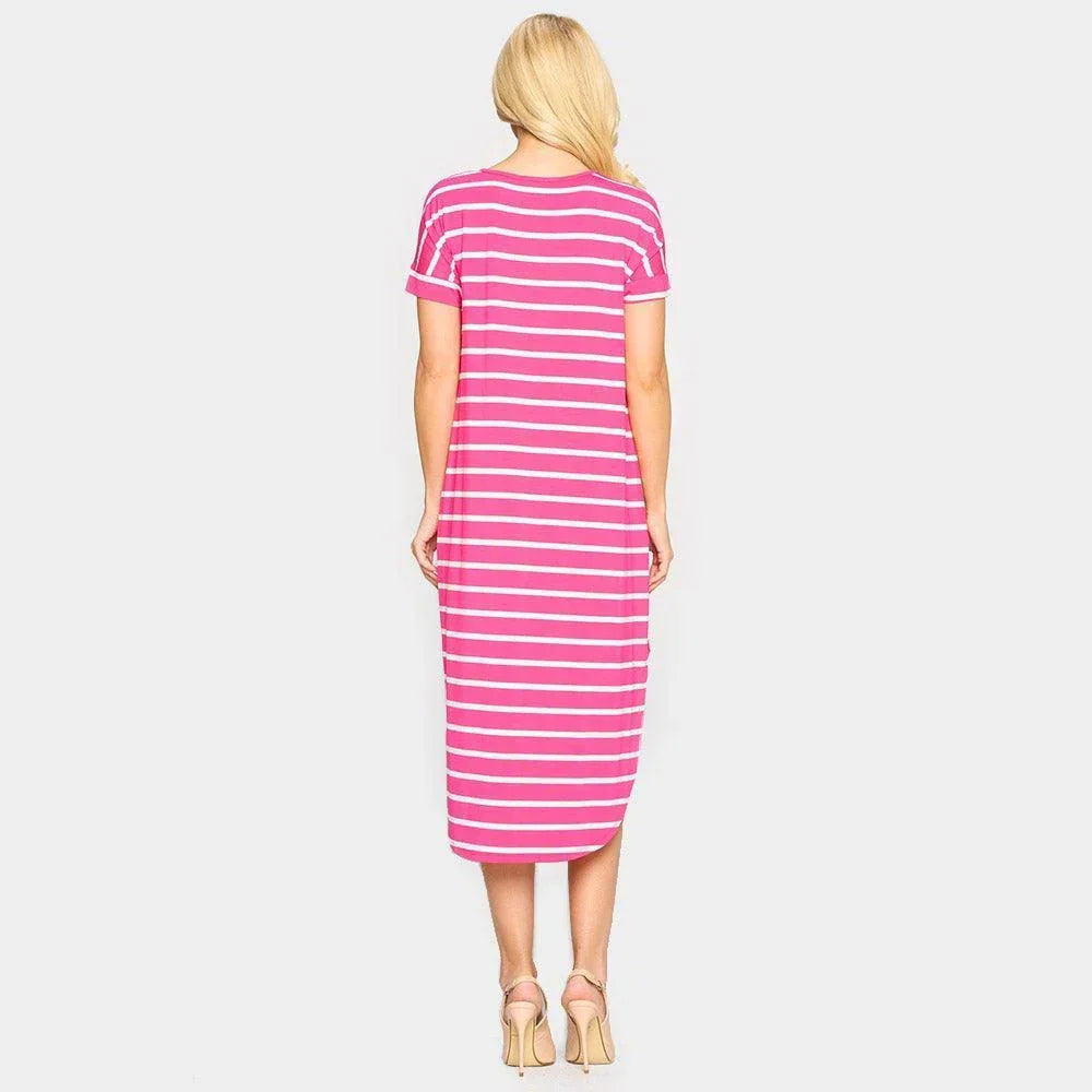 Fuchsia Striped Curved Hem Midi Pockets Dress - Jewelry Store by Erik Rayo
