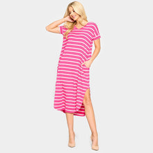 Load image into Gallery viewer, Fuchsia Striped Curved Hem Midi Pockets Dress
