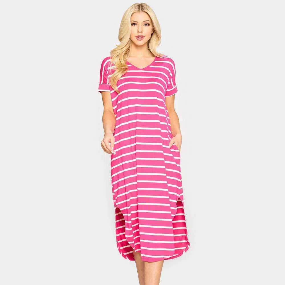 Fuchsia Striped Curved Hem Midi Pockets Dress - Jewelry Store by Erik Rayo