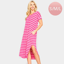 Load image into Gallery viewer, Fuchsia Striped Curved Hem Midi Pockets Dress
