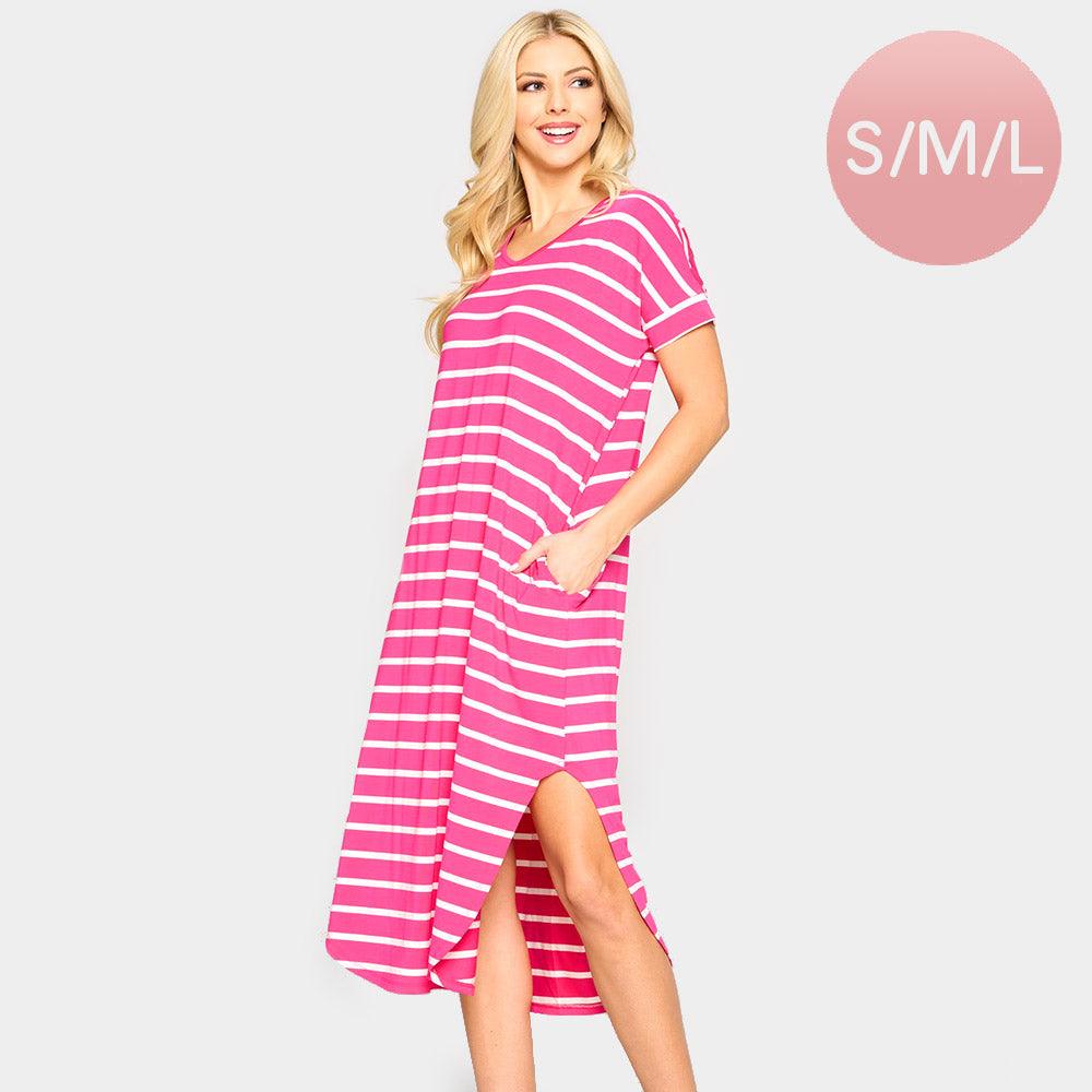 Fuchsia Striped Curved Hem Midi Pockets Dress