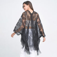 Load image into Gallery viewer, Black Leaf Lace Cover Up Kimono Poncho
