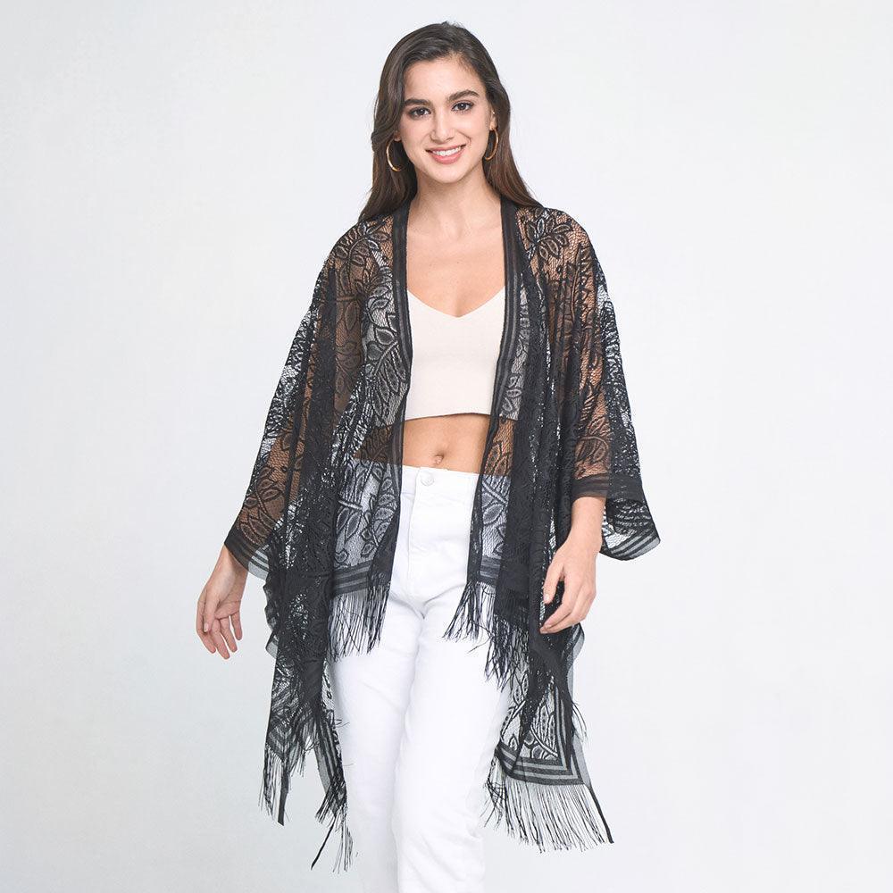 Black Leaf Lace Cover Up Kimono Poncho - Jewelry Store by Erik Rayo