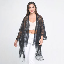 Load image into Gallery viewer, Black Leaf Lace Cover Up Kimono Poncho
