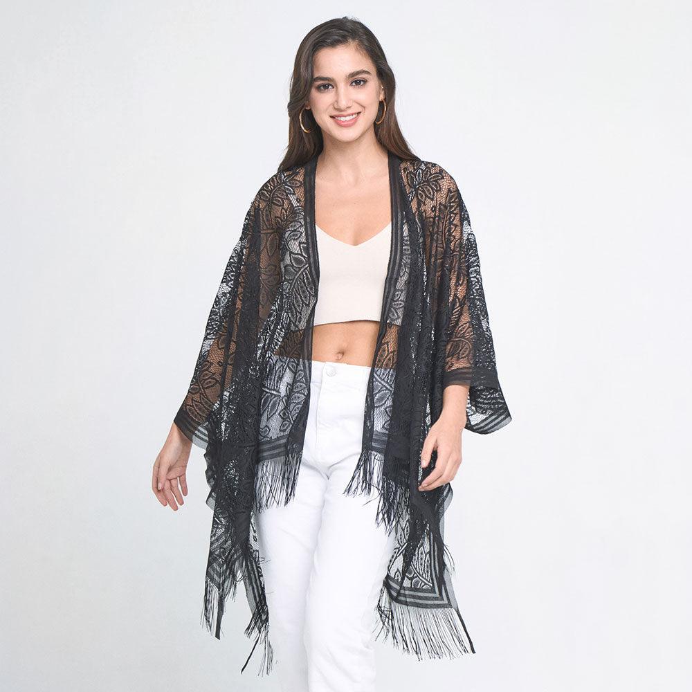 Black Leaf Lace Cover Up Kimono Poncho